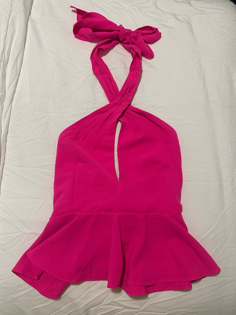 NWOT DO+BE Bright Hot Pink Cross Halter Top with Peplum Waist